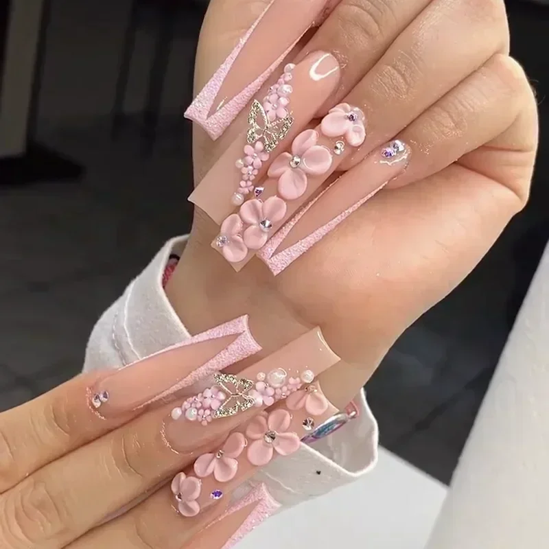 Handmade 3D Flower Extra Long Press On Nails Customized False Nail Tips Gold Bling Rhinestone Y2K Reusable 3XL Acrylic Fake Nail