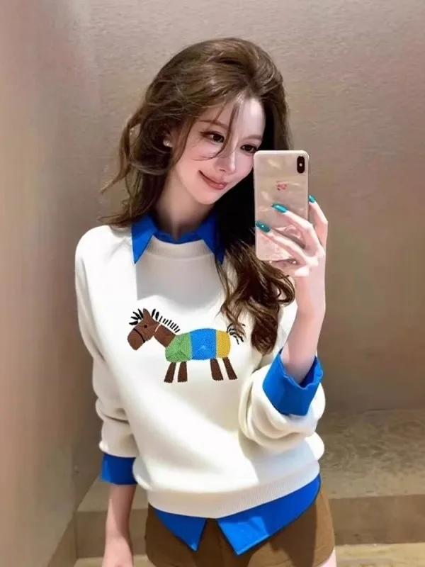 

Soft Cozy Color Blo Collar Knitted Long Sve Women's Sweater French Sle Loose Fit Autumn Winter High End Feeling Top