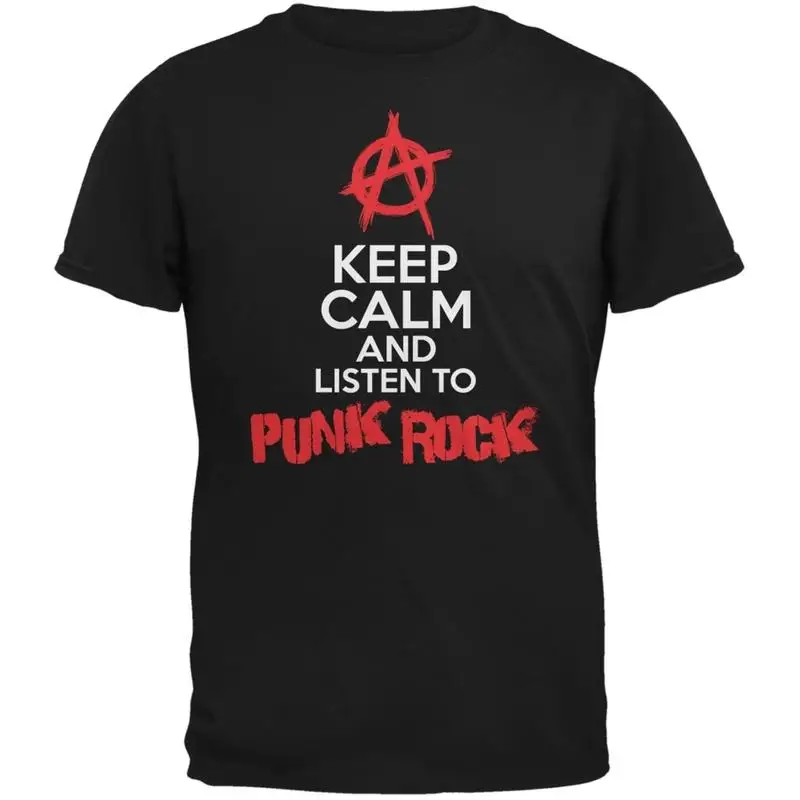 حافظ على الهدوء والاستماع إلى تي شيرت Punk Rock الأسود للبالغين