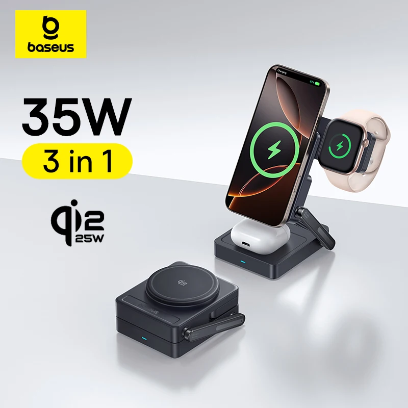 Baseus 3 in 1 Magnetic Wireless Charger Qi2.2 25W Fast Charging For iPhone 17 16 Apple Watch Earbuds