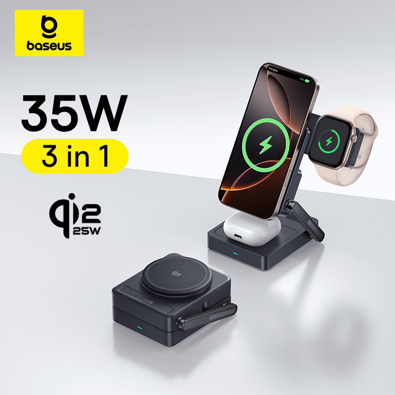  Baseus 3 in 1 Magnetic Wireless Charger Qi2.2 25W Fast Charging For iPhone 17 16 Apple Watch Earbuds 