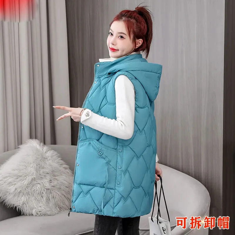 Winter Women Down Cotton Vest Removable Hooded Sleeveless Jacket Coat Mid Long Vest Outerwear Female Waistcoat Chaleco Mujer