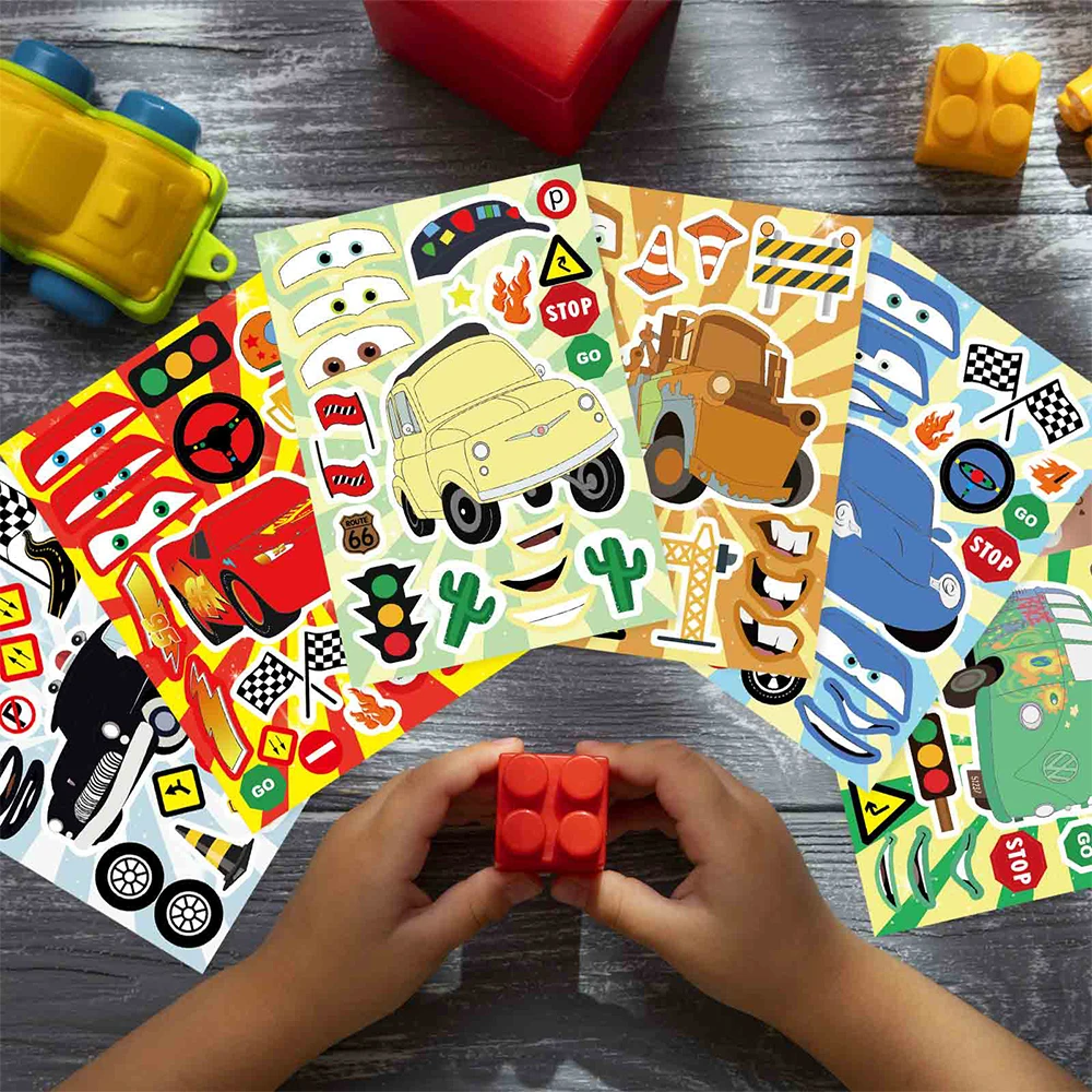 

8/16Sheets Disney Cute Cartoon Cars Puzzle Stickers Lightning McQueen Make a Face Assemble Jigsaw Kid Educational Toy Party Game