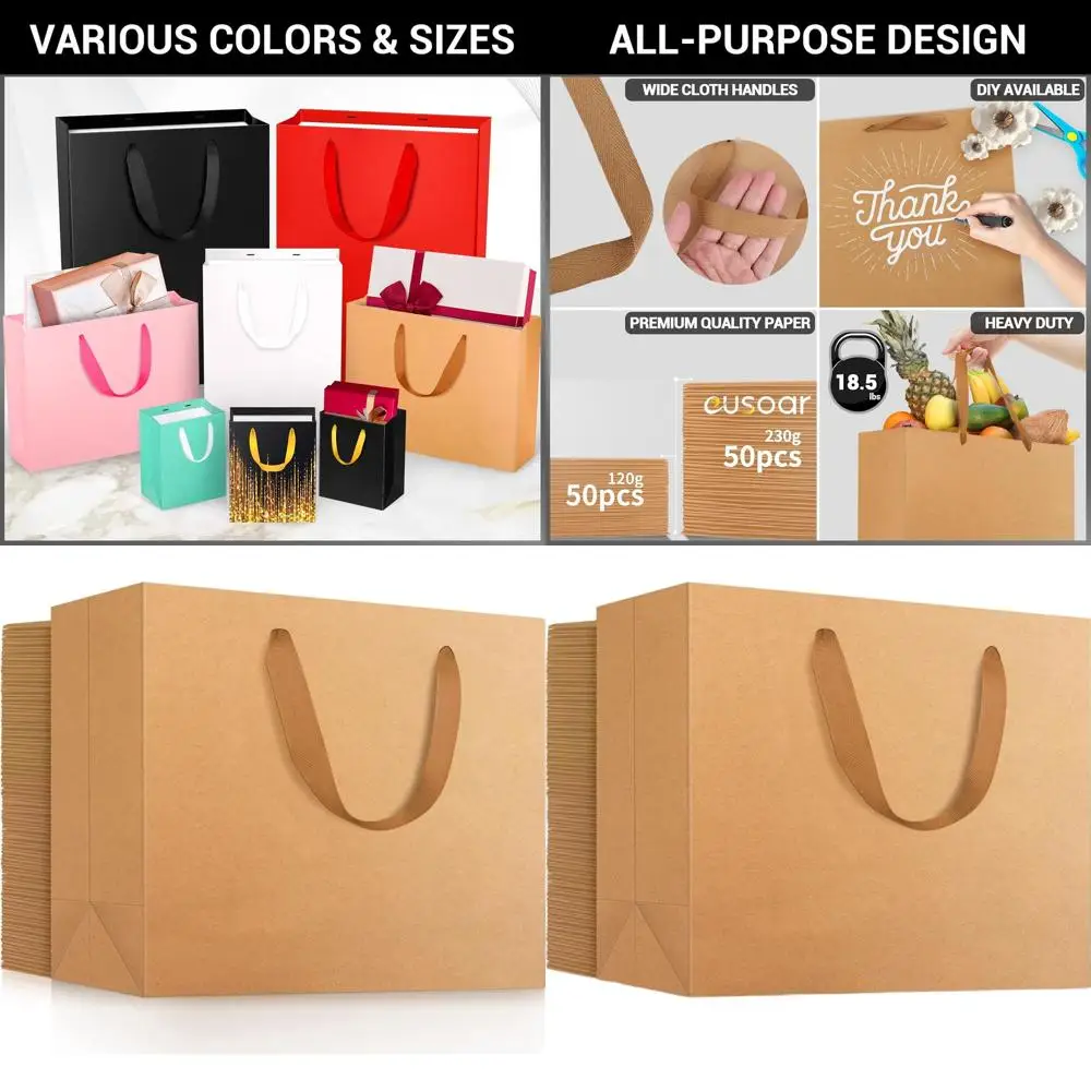 

50 штук прочных крафт-пакетов с ручками, 16x6x12 дюймов, идеально подходят для свадеб, розничной торговли, вечеринок и многого другого