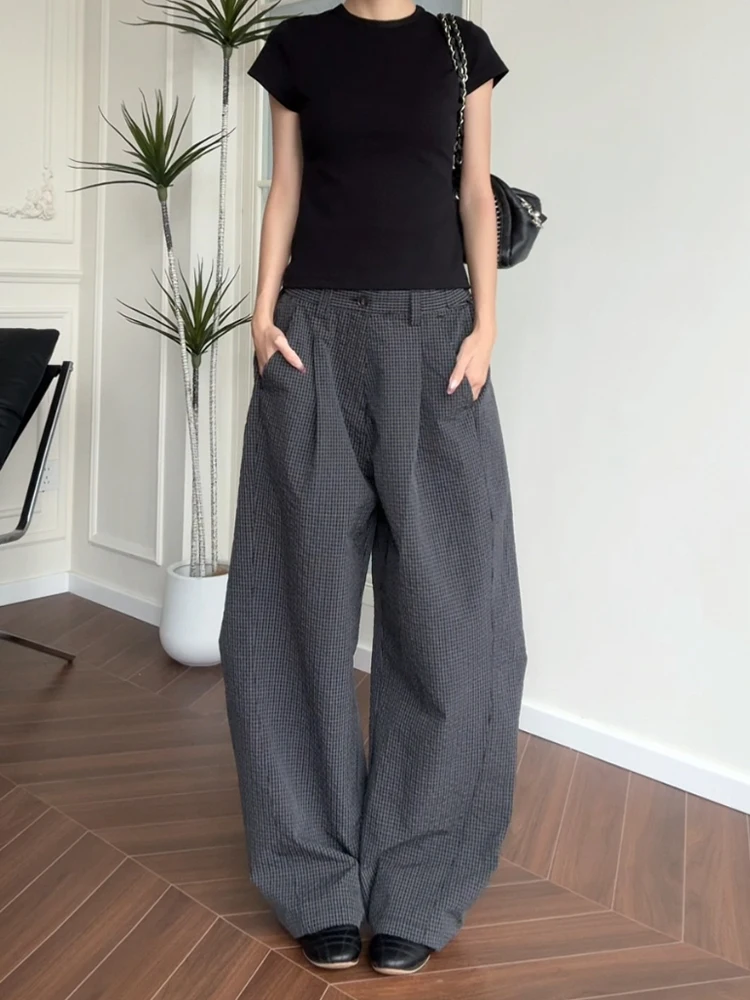 

American Sle A-Line Wide Leg Plaid Pants Men's Summer Thin Loose Casual Straight Leg Trousers Youthful Vitali Pattern