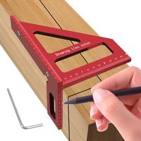 3D Angle Measurement Aluminum Red Ruler; 45/90 Degree Square Protractor; Woodworking Miter Triangle and Drawing Line Tool