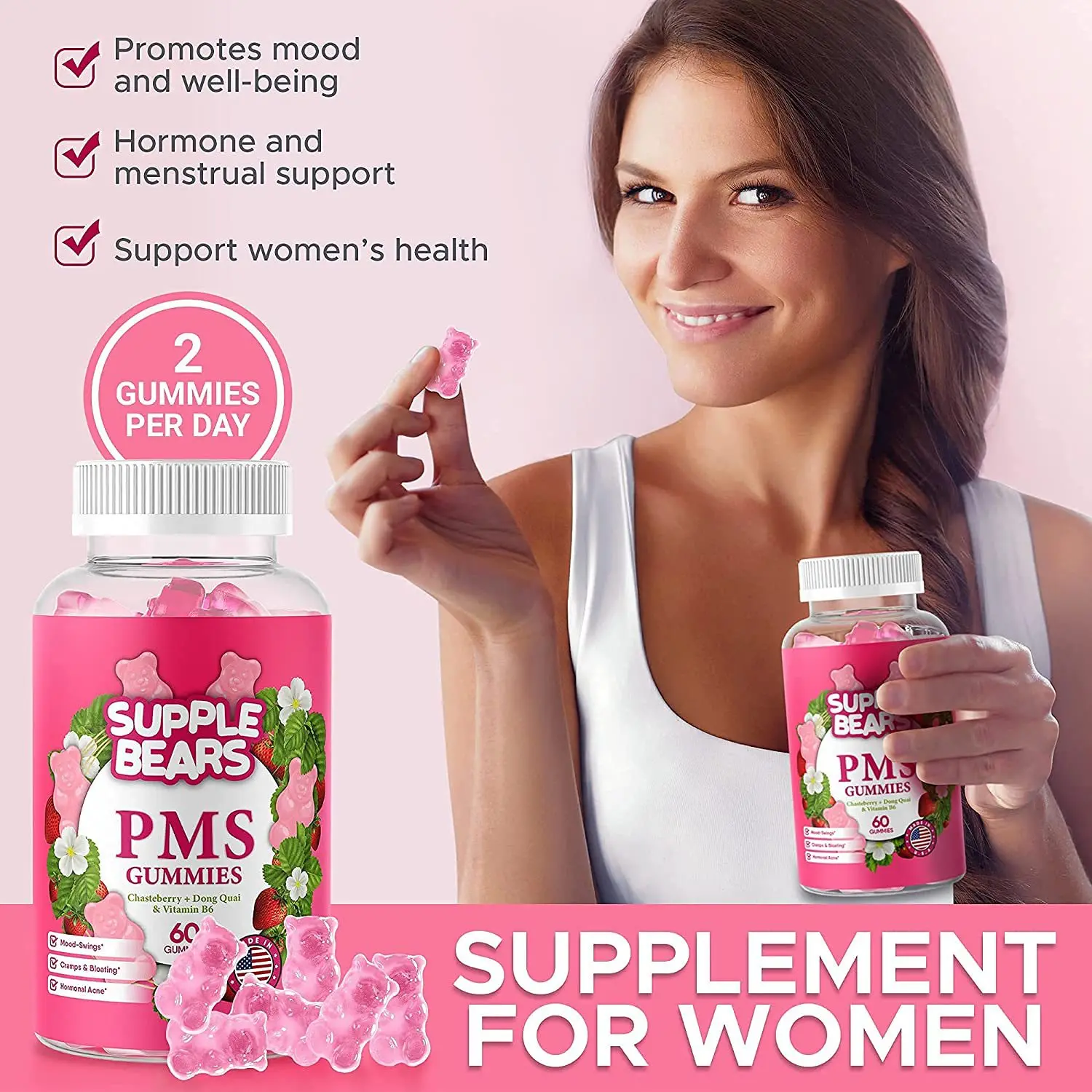 

1 Bottle Feminine Mood Relief Gummies Strawberry Flavor Menstrual Mood Relief Sleep Gummies Vitamin Gummies