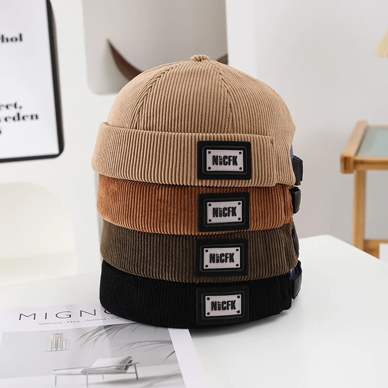 NewUnisex Corduroy Solid Color Brimless Caps for Men Women Streetwear Hip Hop Hats Retro Beanie Docker Caps Adjustable Dome Hats