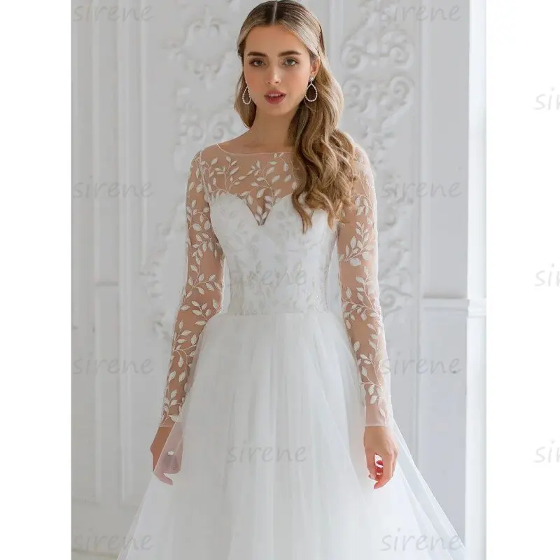 Abiti da sposa corti personalizzati Avorio A-Line O-Collo Manica lunga Applique in pizzo Tulle Illusion Back Abito da sposa Lunghezza tè 2025