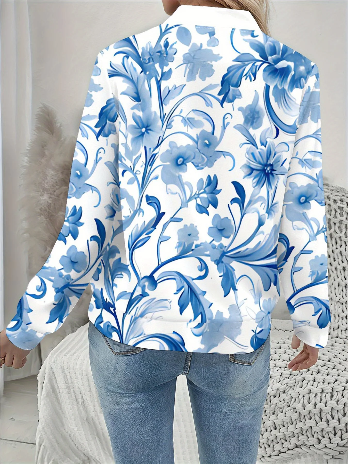 여성용 플로럴 프린트 재킷, 블루 화이트 플라워 디자인, 스트레치 폴리에스터 혼방, 긴 소매 지퍼업 캐주얼 스타일