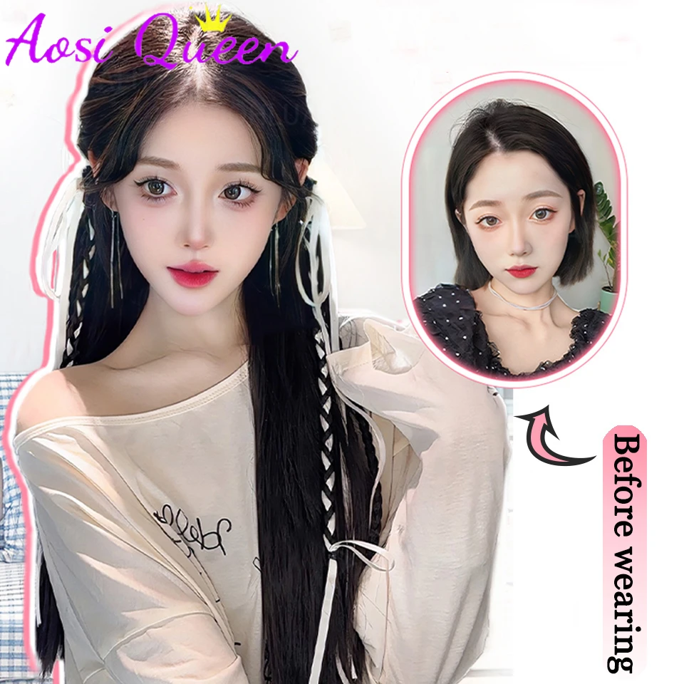 AOSI Women's Synthetic Wig 45cm Double Ponytail Imitation Clip Wig New Chinese style Bow Ribbon Fried Dough Twists Hair Extensio