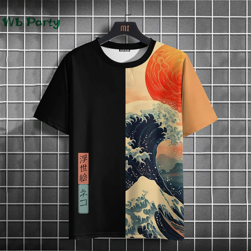 Japanese Style Men\'s T-shirt Ukiyo-E Sea Wave Pattern Printing Men T-shirt Simple Print Male T-shirt O-Neck Men\'s Summer Clothes