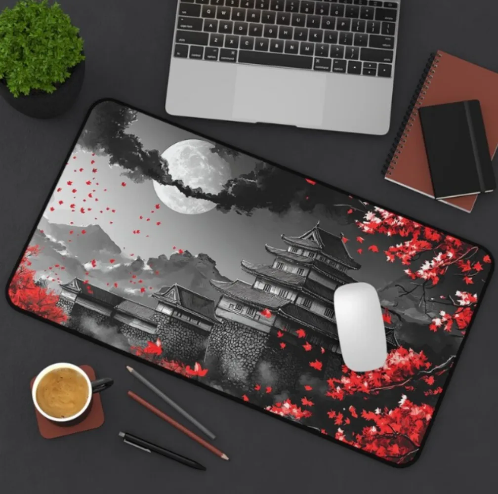 Japanese Castle Desk Mat Red Maple Full Moon Large Gaming Mouse Pad Non-slip Rubber Keyboard Mat Anime Table Pad for PC Laptop