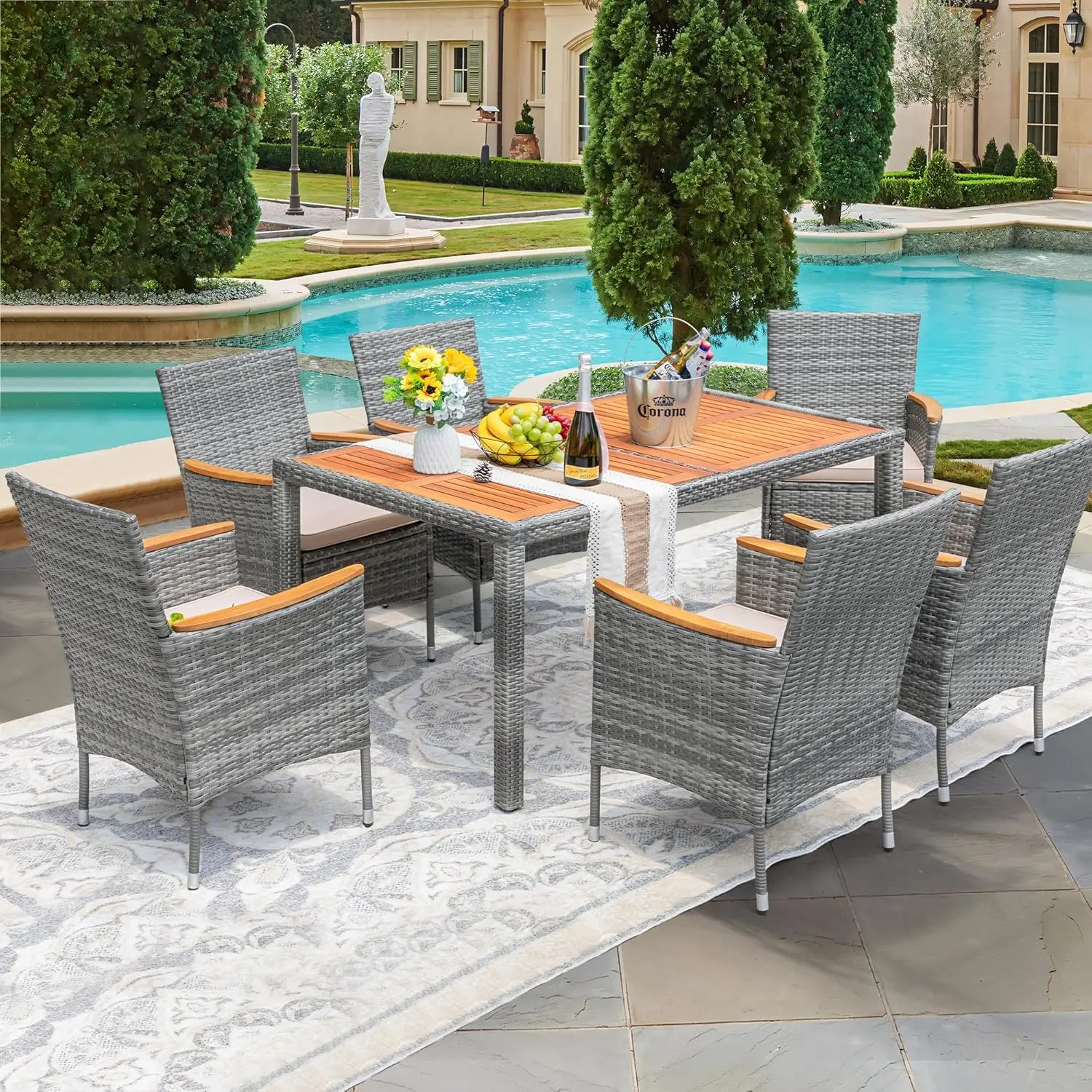 Dining 7 PCS Furniture, Patio Conversation Set with Acacia Wood Table Top