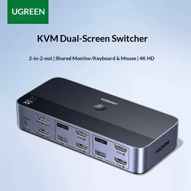 UGREEN 85719 AK500 HDMI KVM Switch 2 In 2 Out for Two Computers Dual Monitor Keyboard Mouse Sharing