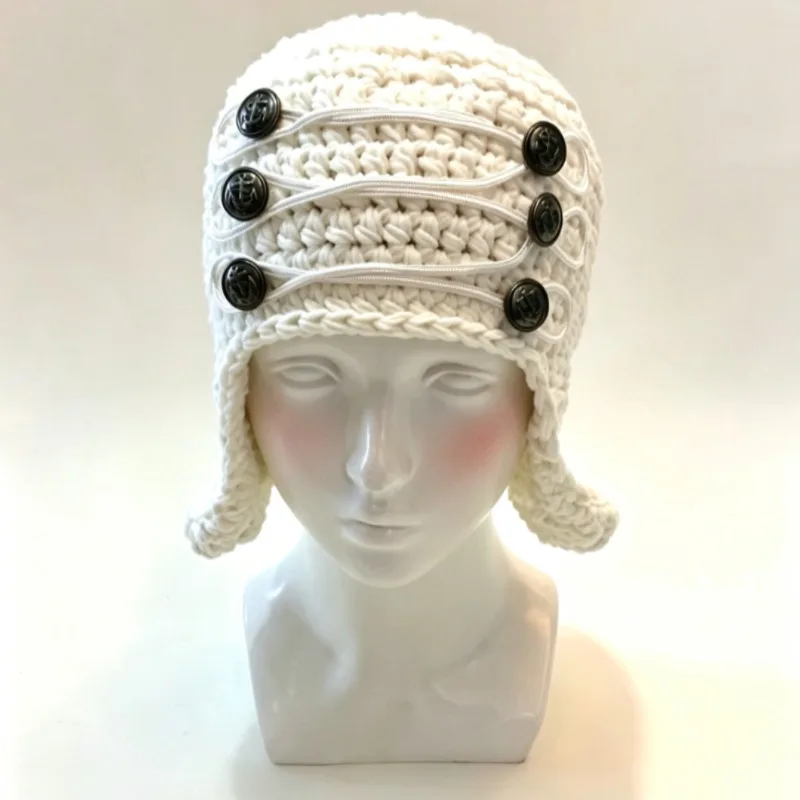 Handmade Crochet Solid Color Helmet Earflap Beanie Winter Women Custom Button Knitted Warm Hat Men Casual Outdoor Unisex Caps