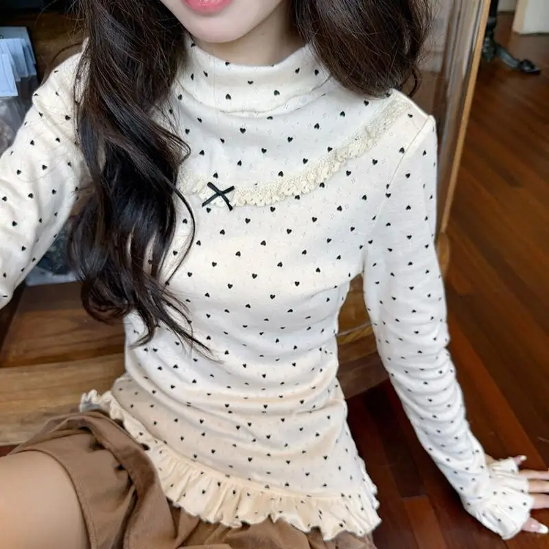 

Женская кружевная футболка Han Xibo с длинным рукавом и бантом в горошек, модная, универсальная, милая и удобная, изготовленная из бархатной внутренней основы