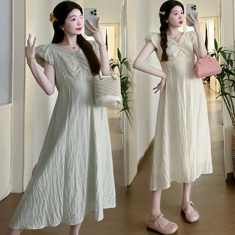 

2024 Summer Fashion Maternity Chiffon Dress Puff Sleeve V-neck Elegant Pregnant Woman Empired Dress with Liner Pregnancy Clothes