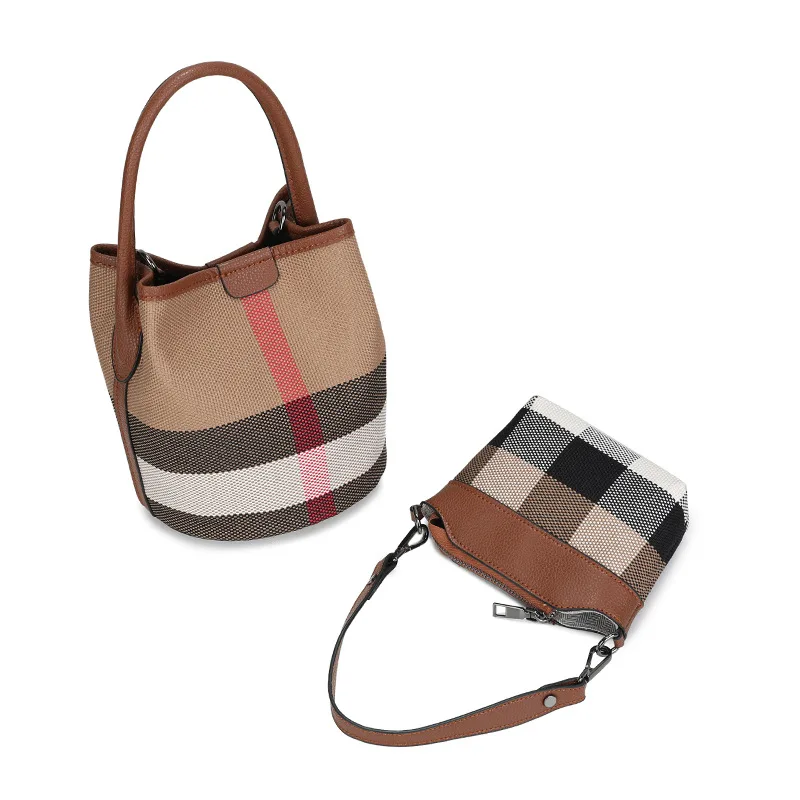 

2025 popular plaid leather bucket baozi mother bag, fashionable versatile bag, hand-held single shoulder diagonal cross bag