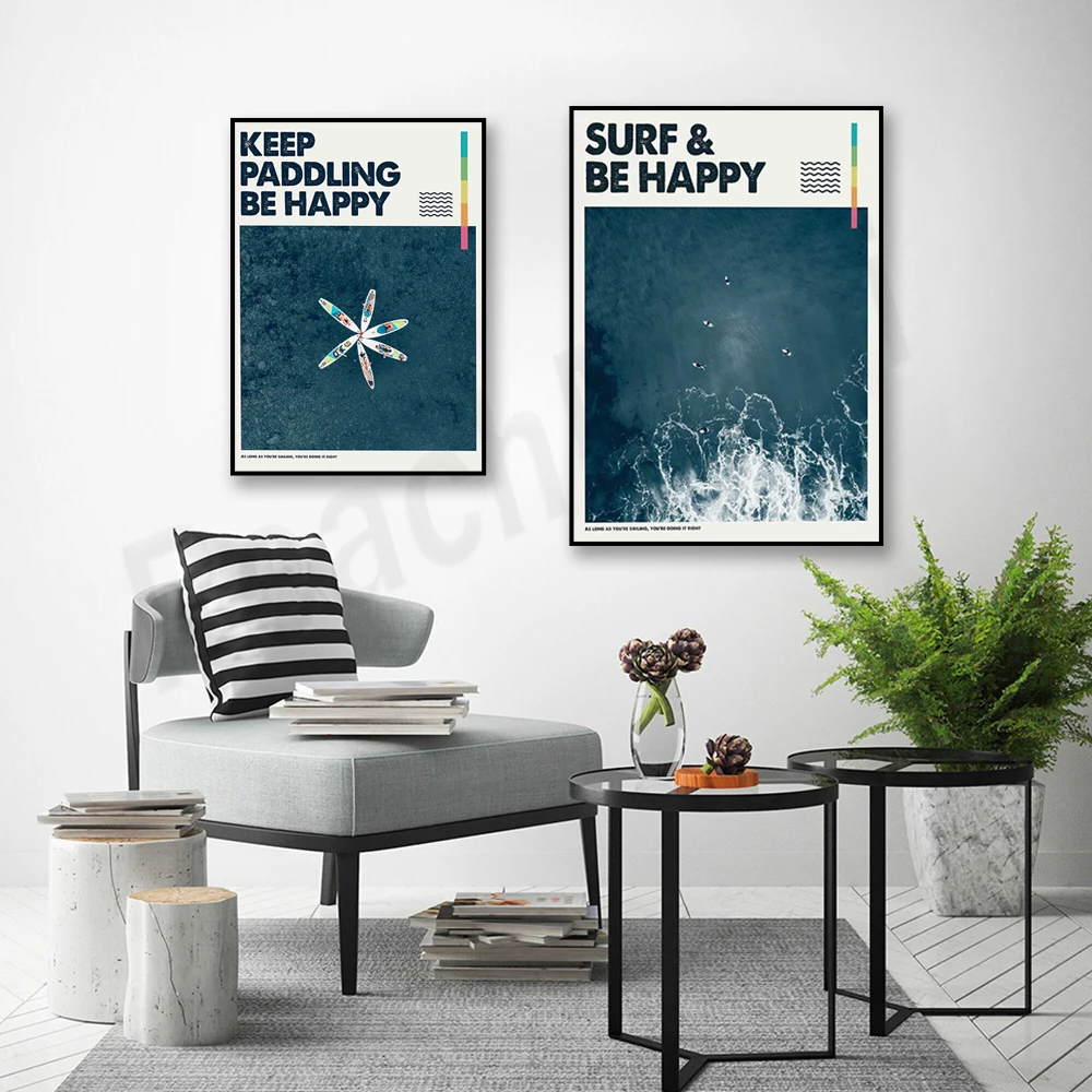 Keep Paddling Happy - Stand Up Paddleboard SUP Paddle Board Art, Surf Poster Art, Surf, Wave, Surfboard, Modern Art Wall Decor