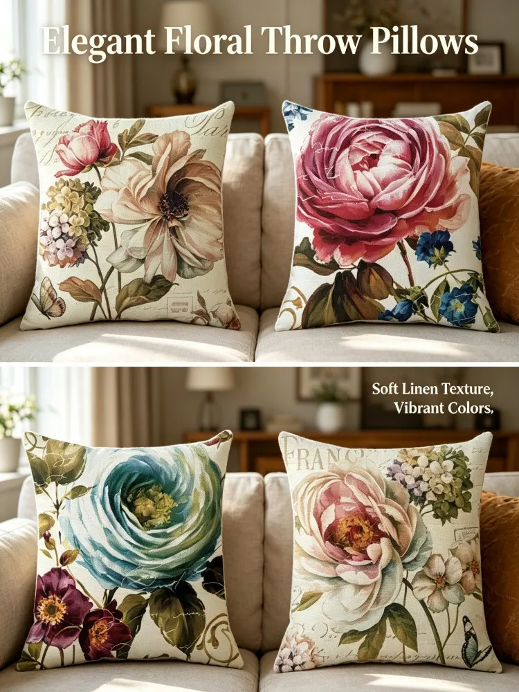 Antique Handwriting Background Flower Cushion Cover Set, Rustic Watercolor Rose Ranunculus Butterfly Design Linen Pillowcase for