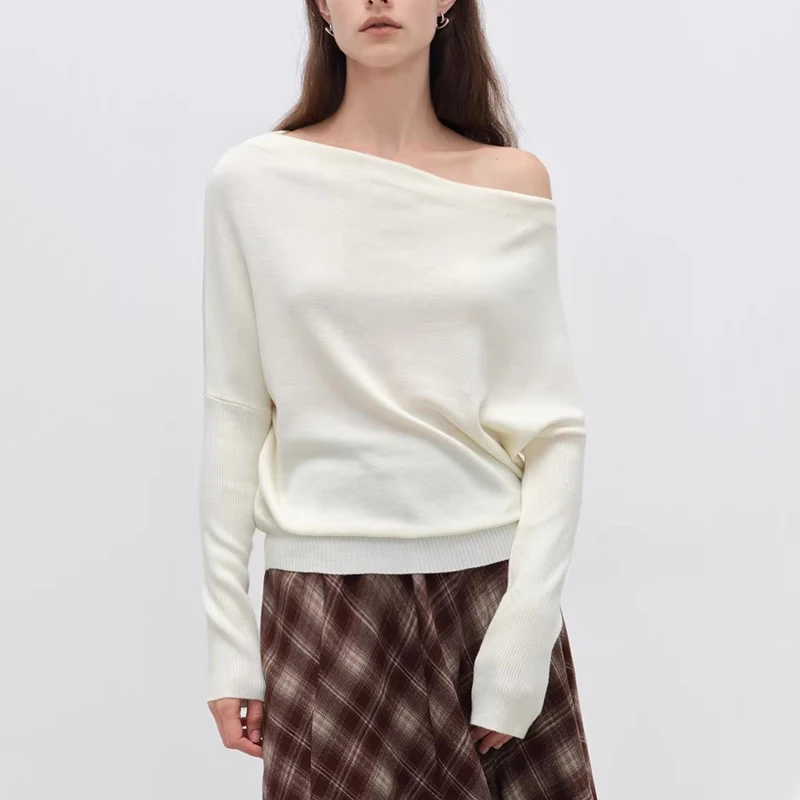 Women Boat Neck Knitted Batwing Jumper