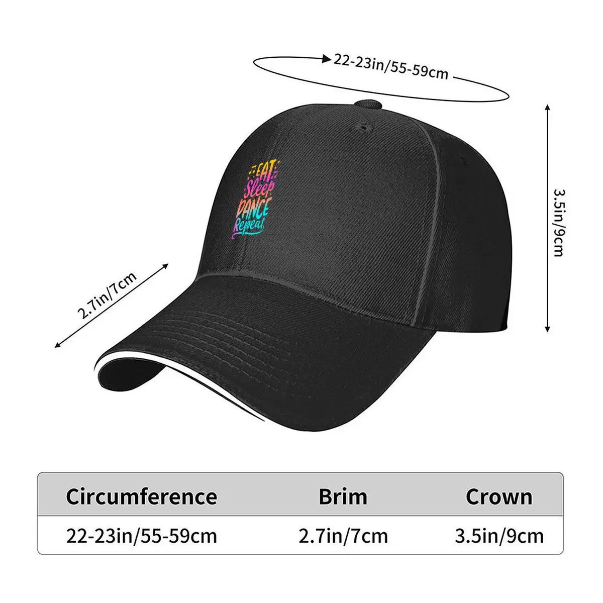 Eat Sleep Dance Repeat Colorful Typography Music Notes Sandwich Baseball Cap Outdoor Workouts Sun Hat