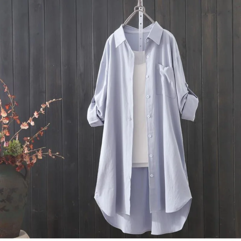 Camisa e blusa midi solta e respirável feminina, camisas longas simples, branca, monocromática, moda coreana, primavera, verão, 2023