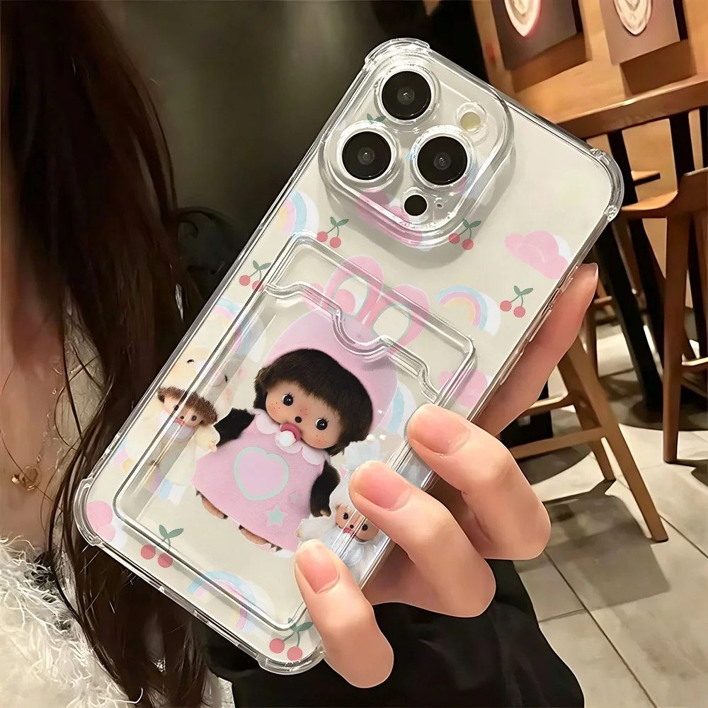 Funda Protectora Transparente Anti-caídas con Diseño de Monchhichis para iPhone 17e, 17, 16e, 16, 15, 14, 13, 12, 11 Mini, Pro, Max, X, XR, 7, 8, Air, Plus