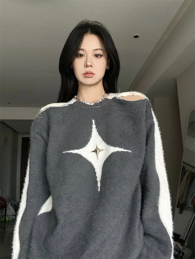 Retro Contrast Color Star Sweater Sexy Slash Neck Off Shoulder Long Sleeve Tops 2024 New Autumn Harajuku Fashion Y2k Jumpers