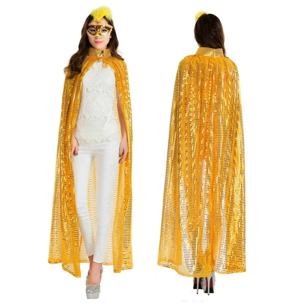Fashion Long Shiny Sequin Cape Fantasy Vintage Halloween Cosplay Robe Stand Collar Lightweight Shiny Cloak Women