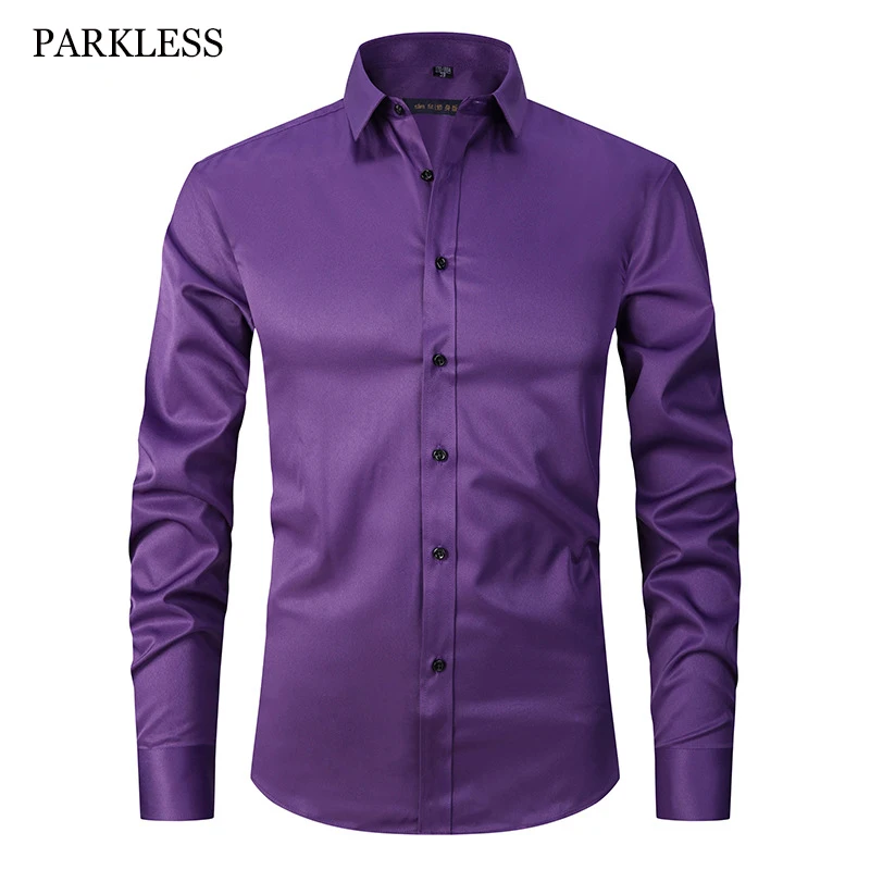 Camisas de vestir de fibra de bambú púrpura para hombre, Camisa de manga larga de marca, sólida, ajustada, informal, Formal, Camisa de trabajo sin hierro