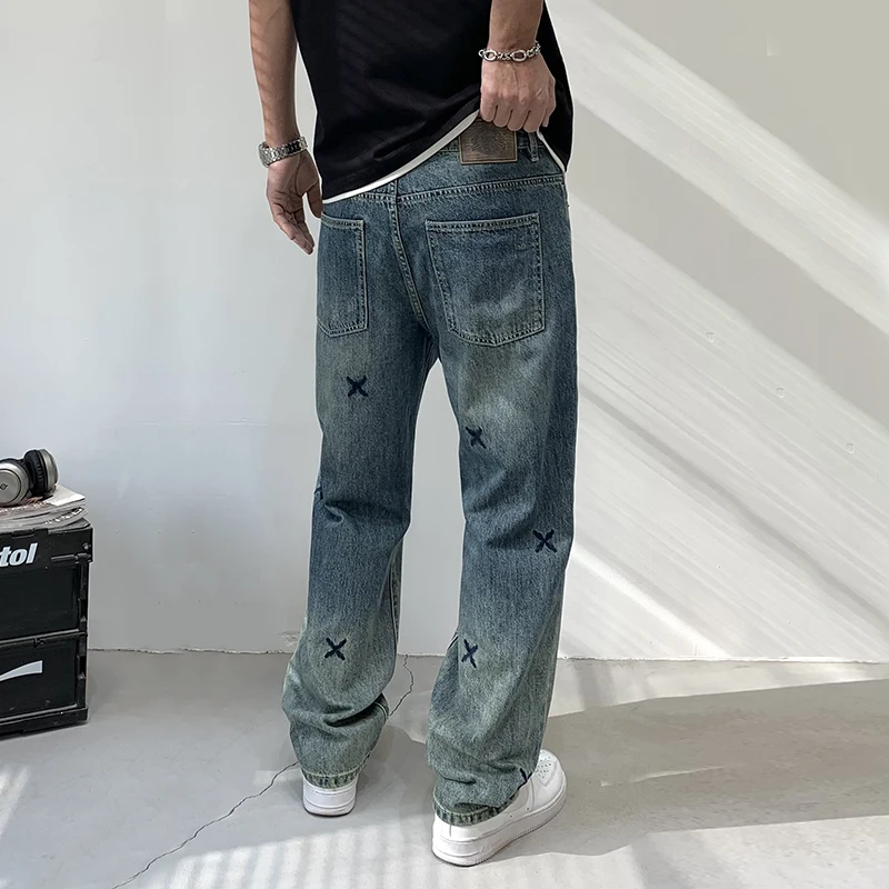 Embroidered Straight Jeans Men's Hip Hop Style High Street Fashion Brand Retro Blue Youth Loose Leisure All-Matching Trousers