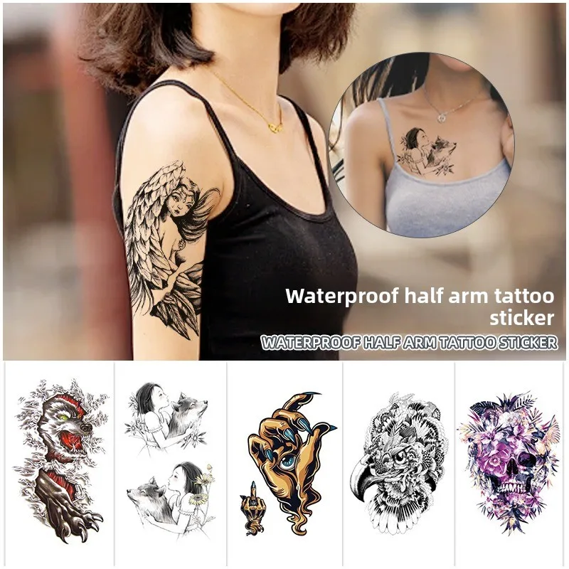 Half Arm Tattoo Sticker, Waterproof Hand Drawn Black and White Color Flower Arm Chest Simulation Tattoo Sticker