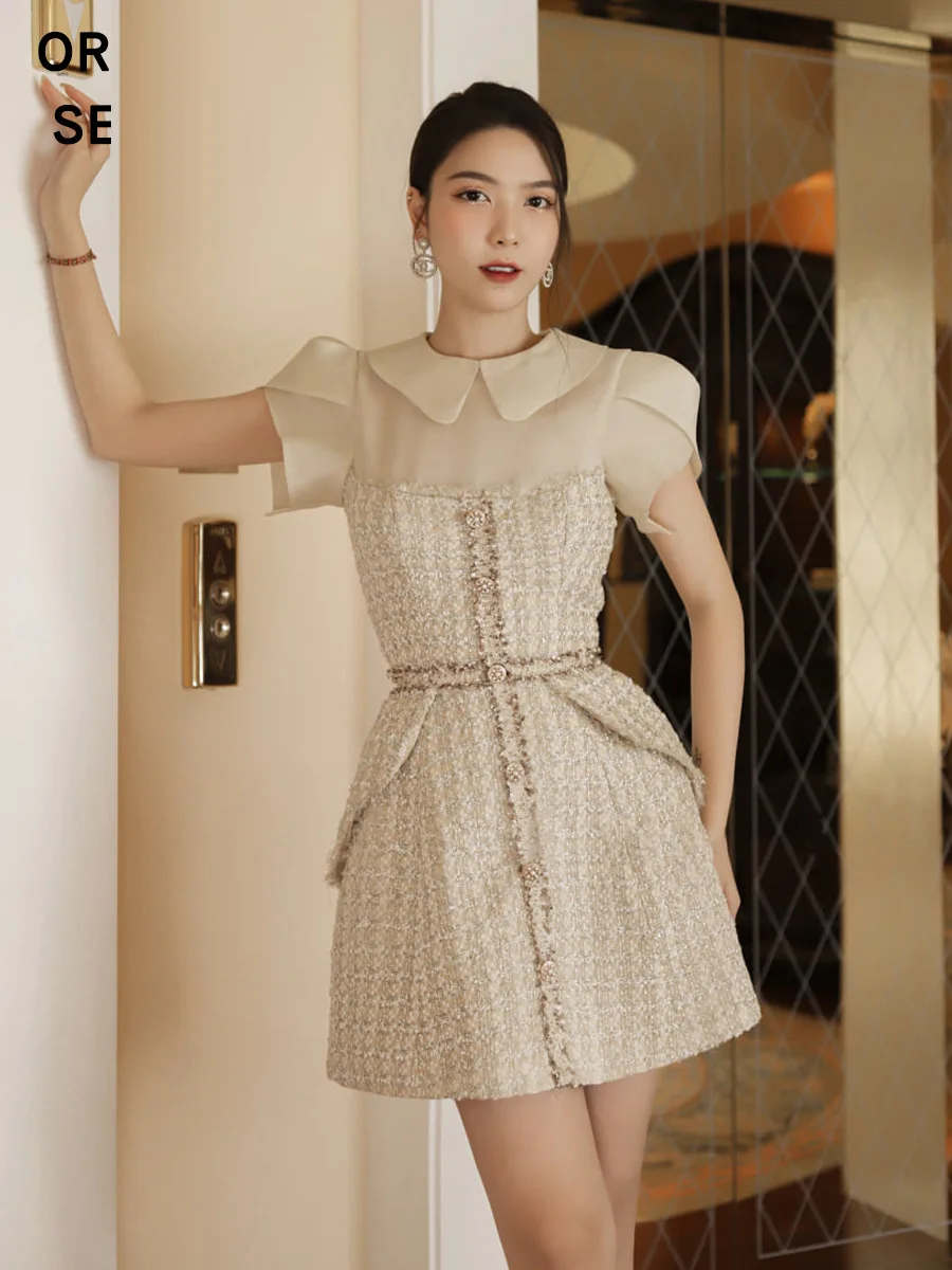 Fashionable Luxury and Temperament Mesh Spliced Thick Tweed Dress for Women\'s Summer New Elegant Design Short Party Dresses