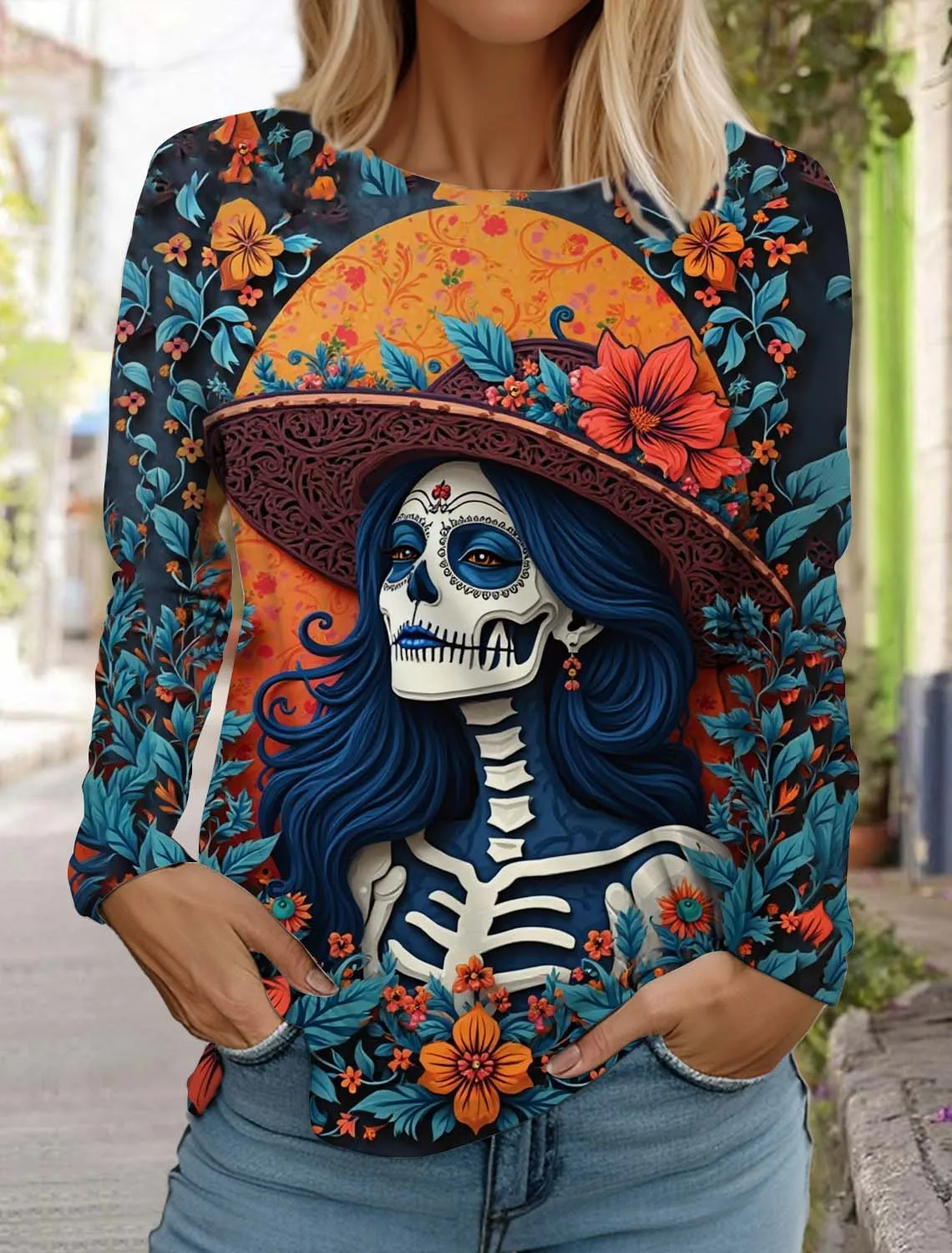 

Fashion 3D Skull Print Women's T-shirt Retro Gothic Long Sleeve Tees DAY of the Dead Tee Tops Spring Autumn Casual Women Clothes