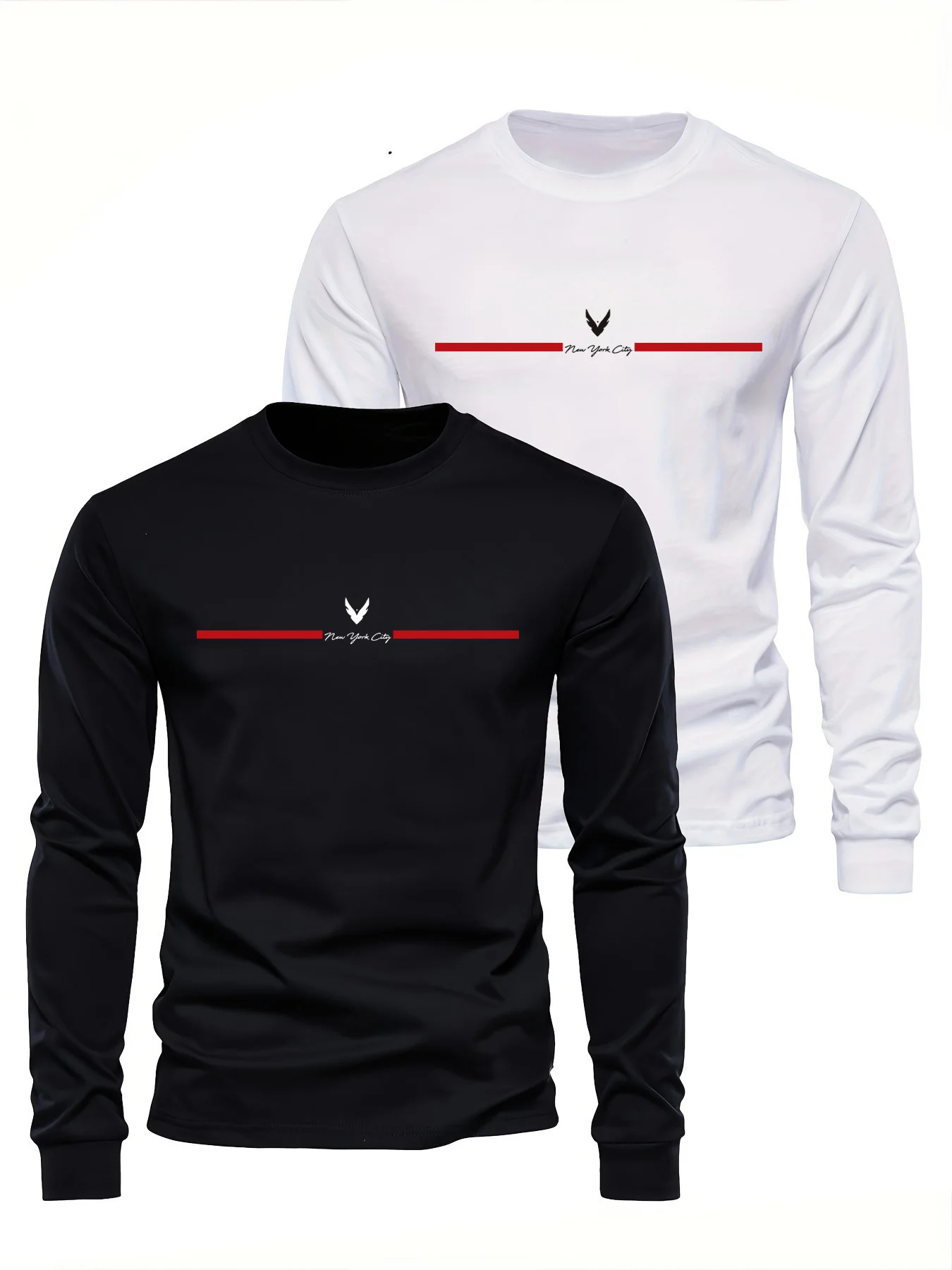 

Men's 100% pure cotton loose fit comfortable sports and leisure New York City letter printed round neck long sleeved T-shirt top