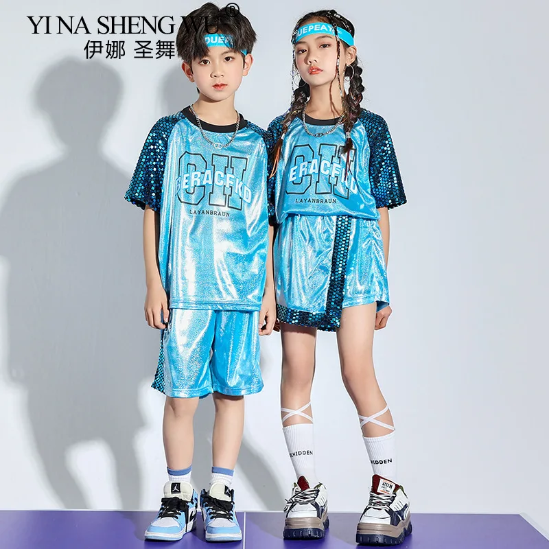 

Детский синий костюм с блестками для девочек и мальчиков, хип-хоп, джаз, уличные танцы, одежда для выступлений болельщиков, модный костюм для сценического шоу