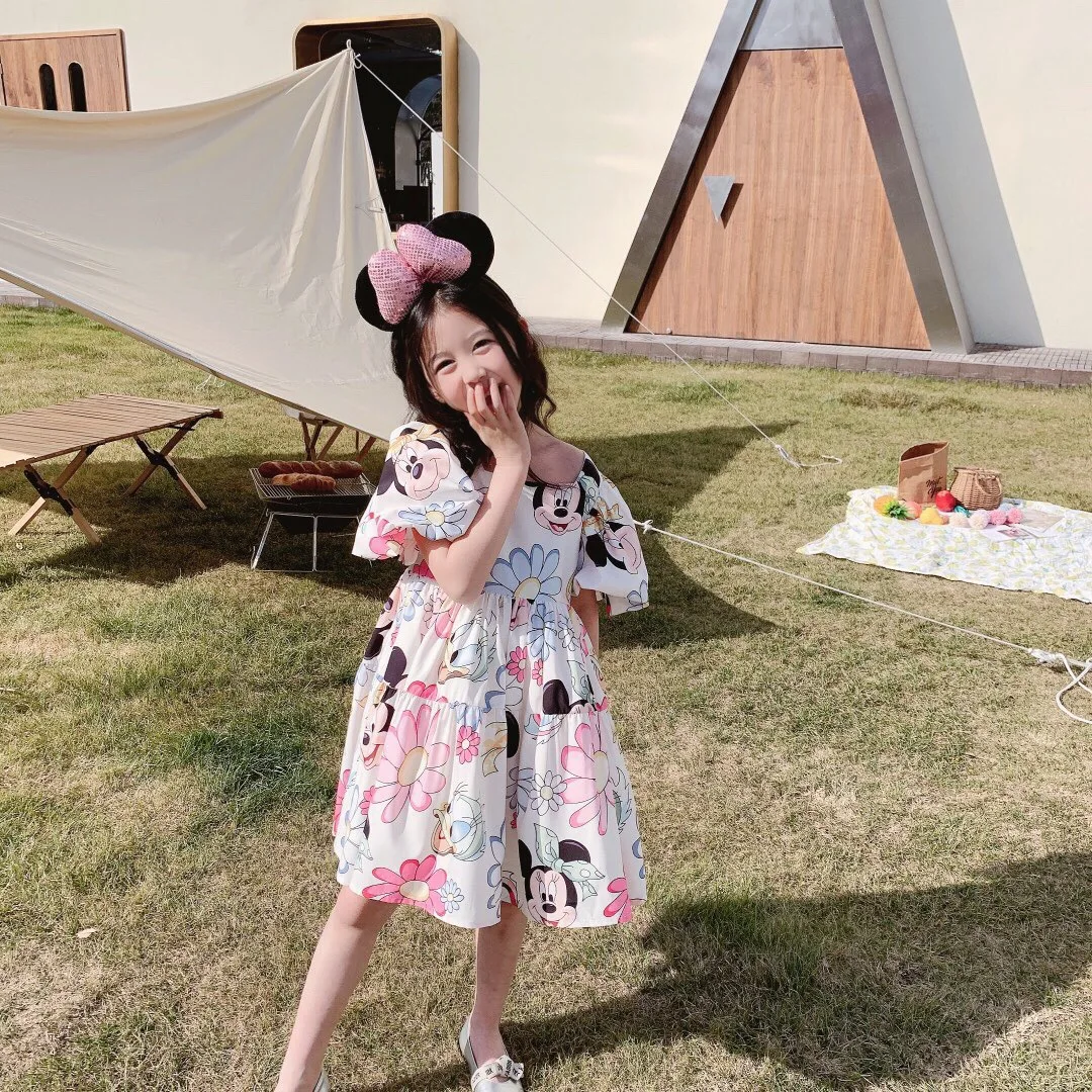 

Disney Summer Mickey Minnie Print Cute Short-Sleeved Beauty Dress Skirt + Headband Girls' Holiday Birthday Party Clothing
