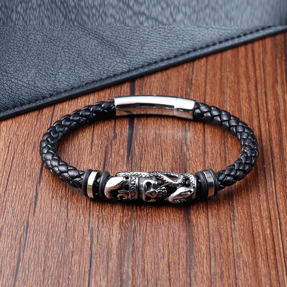 Pulsera de cuero trenzada de acero inoxidable para hombre, brazalete de Calavera, regalo de joyería Simple