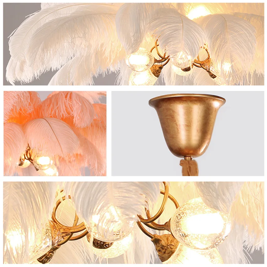 Imagem -05 - Sandyha-nordic Ostrich Feather Led Chandelier Lâmpada do Teto para Sala e Quarto Luzes Pingente Preto Branco Rosa Marrom Luxo