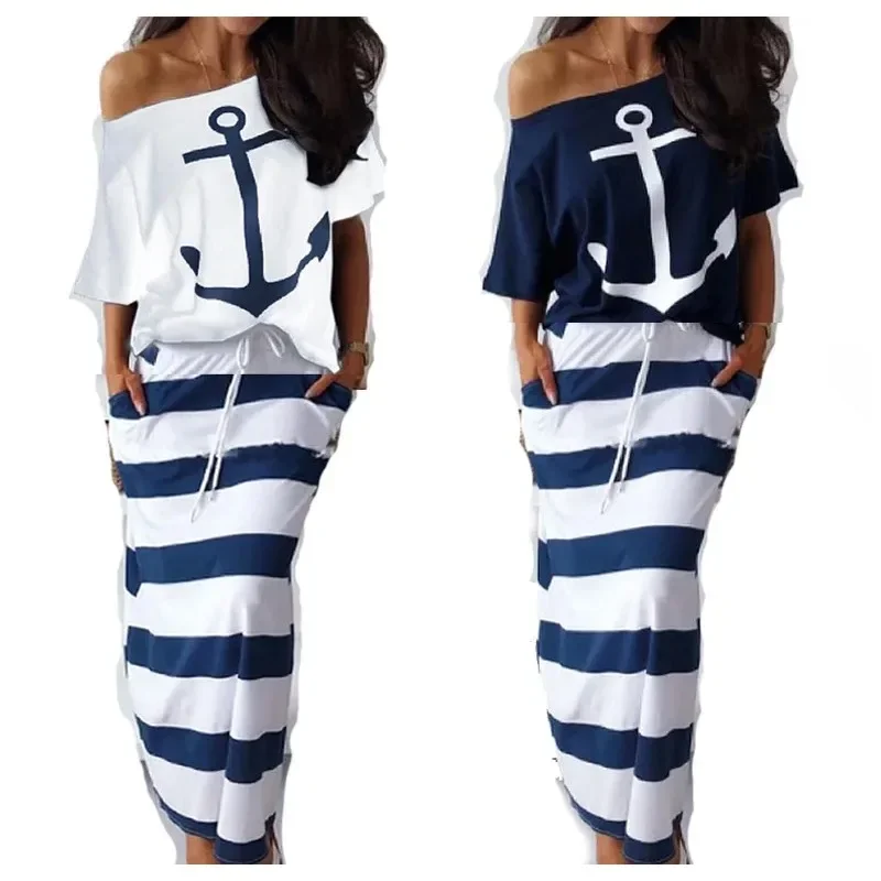 Women\'s Casual Anchor Print Short Sleeve T-shirt and Skirt Set, Navy Style, 2Pcs Set