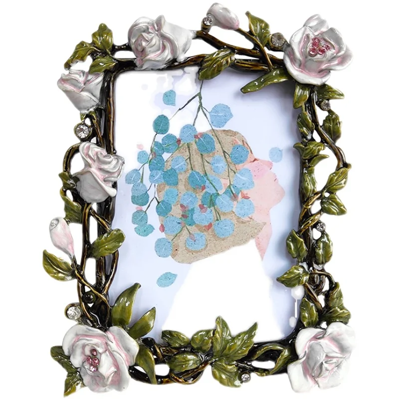 Moldura de foto retrô europeia de 5 polegadas, formato de rosa americana, esmalte de diamante, cor de cinco polegadas, presente de mesa