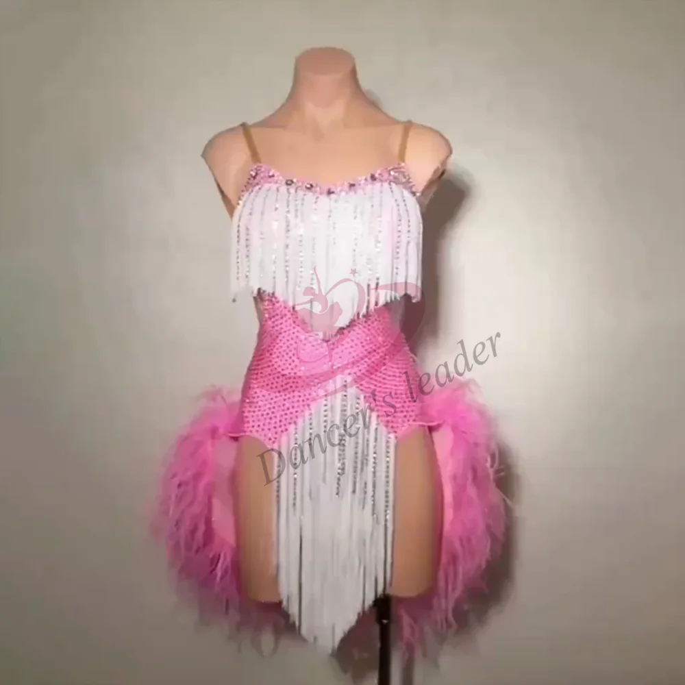 Latin Dance Professional Dress High-end Customized White Pink Fluffy Cha Tango Female Adult Standard Stage Professional Clothing