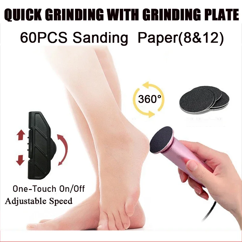 Electric Callus Remover - Professional Foot File & Pedicure Tool for Dead Skin & Cracked Heels Includes 60 Replacement Sandpaper