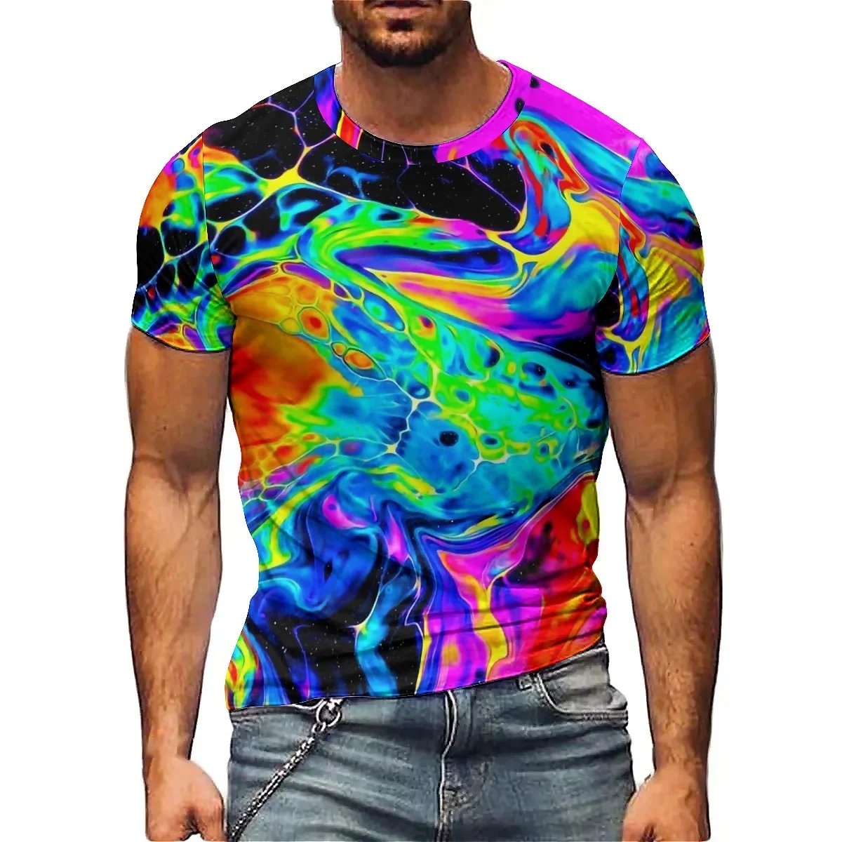 

2025 Summer Men's 3D Printed Short sleeved T-shirt, European and American Trendy Business Casual Daily Wear, Breathable and Comf