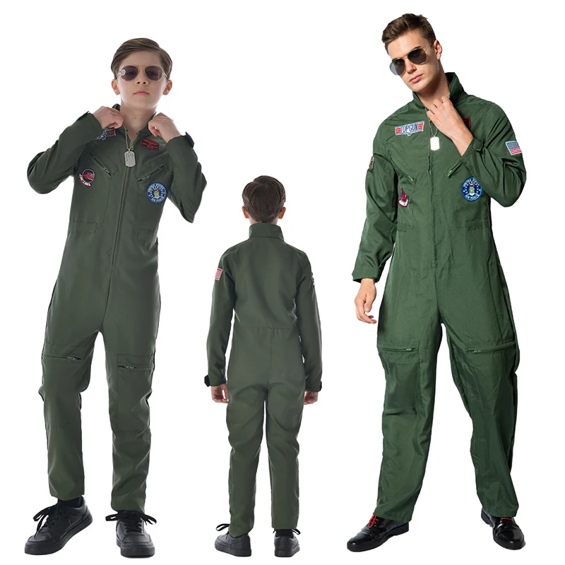 Men's Pilot Costume Green Flight Halloween Jumpsuit  with Accessory for Halloween Cosplay For Kids Boys