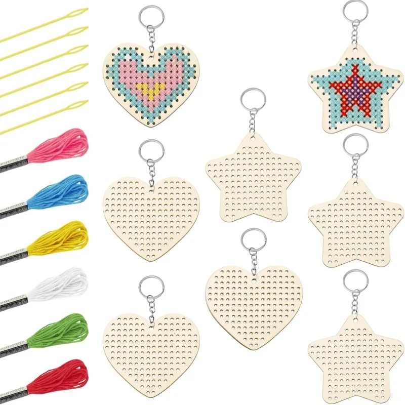 8pcs/set Wooden Heart Cross Stitch Keyring Embroidery Set Mini Sewing DIY Key Chains for Beginners Small Cross Stitch Sewing
