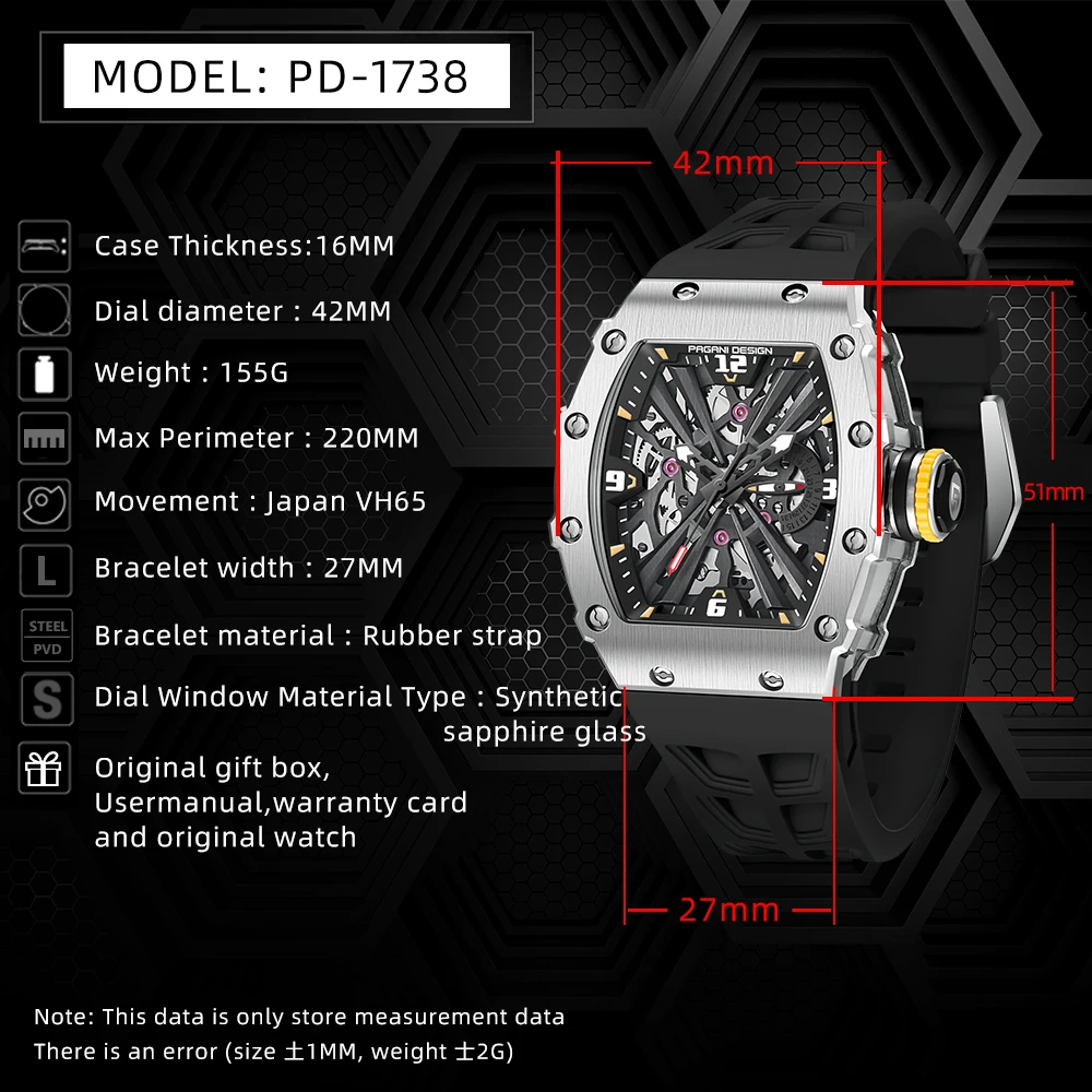 PAGANI DESIGN Original 42MM Men\'s Quartz Watches VH65 Skeleton Dial 100M Waterproof Sport Rectangle Sapphire Glass Watch for Men