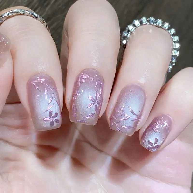 جديد الأرجواني المينا زهرة مذهب نصف اليدوية يرتدي درع قصير نمط انفصال القط العين مسمار رقائق تظهر نمط الطالب الأبيض